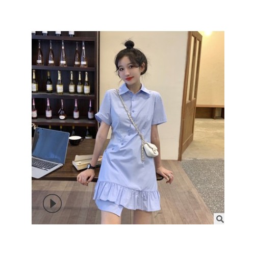 工厂直供2021新款衬衫领连衣裙女设计感荷叶边收腰显瘦气质小黑裙图2