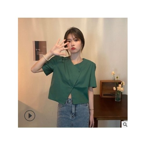 工厂直供实拍2021新款韩版设计感V领不规则系扣宽松泡泡袖衬衫图2