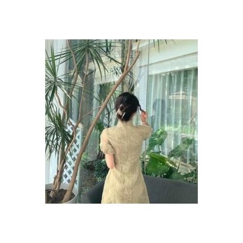 女装2021夏季新款旗袍长裙短袖仙女绿色连衣裙仙气设计感法式裙子图1