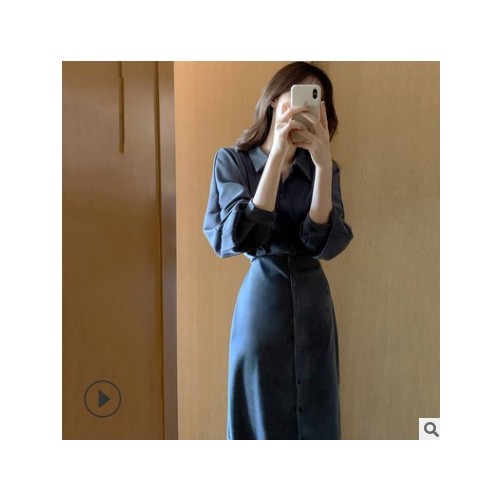 衬衫连衣裙女2021春夏新款法式复古气质收腰显瘦过膝长款黑色裙子图1