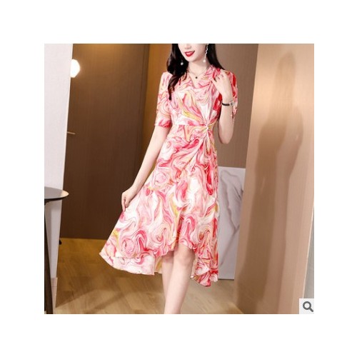 缎面丝连衣裙女夏季V领设计感收腰显瘦印花桑蚕丝长裙子女装图3