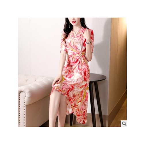 缎面丝连衣裙女夏季V领设计感收腰显瘦印花桑蚕丝长裙子女装图2
