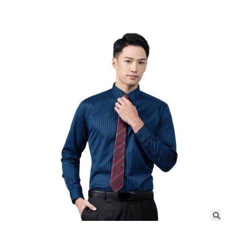 纯棉长袖男士衬衫男深蓝红色条纹衬衣男抗皱免烫时尚休闲寸衫秋冬图1