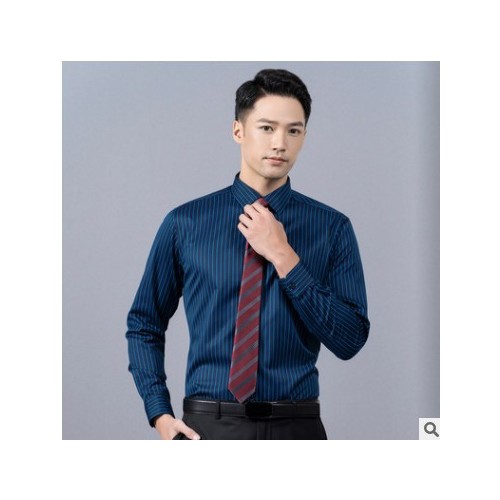 纯棉长袖男士衬衫男深蓝红色条纹衬衣男抗皱免烫时尚休闲寸衫秋冬图2