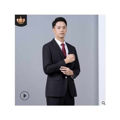 男士西装男式西服套装藏青色条纹帅气新郎结婚礼服企业高管职业装图1