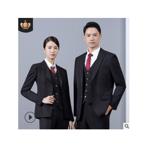男士西装男式西服套装藏青色条纹帅气新郎结婚礼服企业高管职业装图2