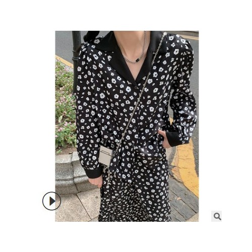 阔瑟 女装2021新款秋冬复古休闲碎花长袖衬衫宽松百搭翻领衬衣女图3