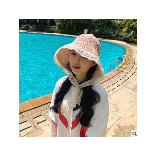 韩版花边圆顶大檐草帽子女夏天可折叠织带拉菲草帽沙滩草帽太阳帽图2