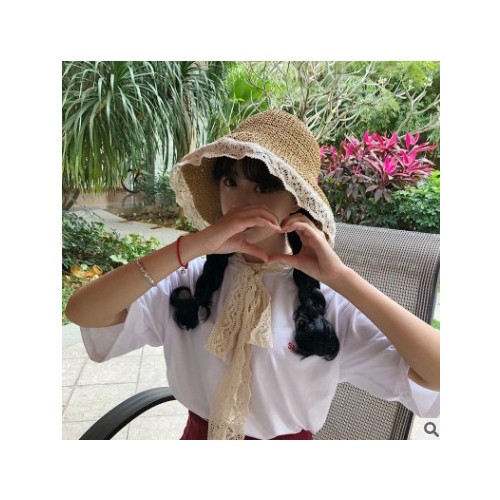 韩版花边圆顶大檐草帽子女夏天可折叠织带拉菲草帽沙滩草帽太阳帽图3
