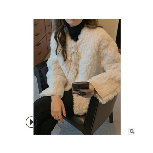 【歌铭】毛呢大衣女短款2021秋冬新款韩版名媛羊羔毛绒外套W773H图3