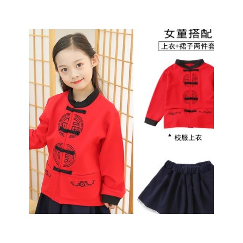 2021秋季新款小学生校服幼儿园园服儿童套装中国风年服红色套装图2