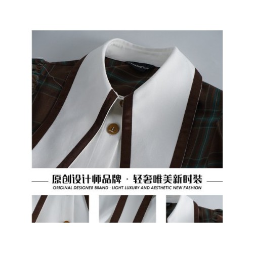 S3608气质小众衬衫春季新款格纹尖领长袖单排扣设计感衬衣女宽松