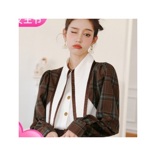 S3608气质小众衬衫春季新款格纹尖领长袖单排扣设计感衬衣女宽松图3