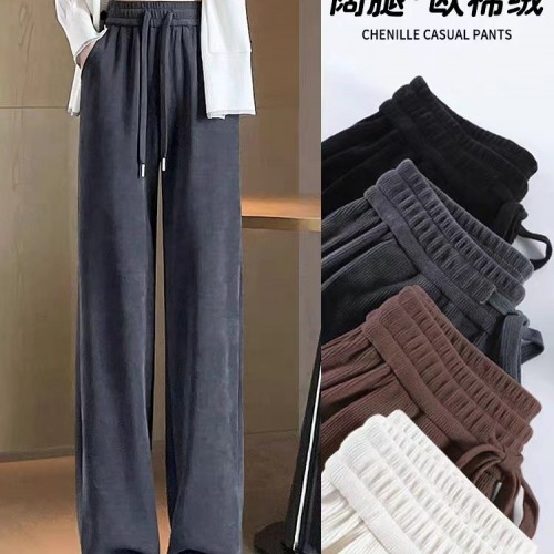 窄版阔腿裤女春秋2024新款欧棉绒小个子加绒垂感拖地休闲直筒裤子图1