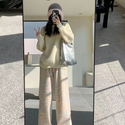 秋冬彩虹仿水貂绒糯米裤女加绒垂感高腰直筒休闲慵懒风阔腿拖地裤图1