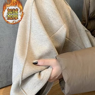 人字纹加绒阔腿裤女秋冬2024新款高腰垂感休闲直筒裤窄版毛呢裤子