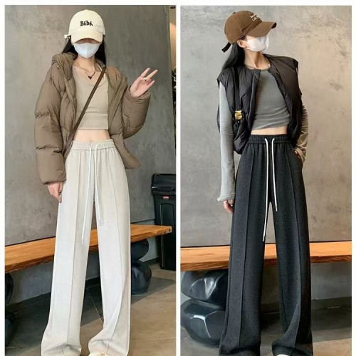 人字纹加绒阔腿裤女秋冬2024新款高腰垂感休闲直筒裤窄版毛呢裤子图3