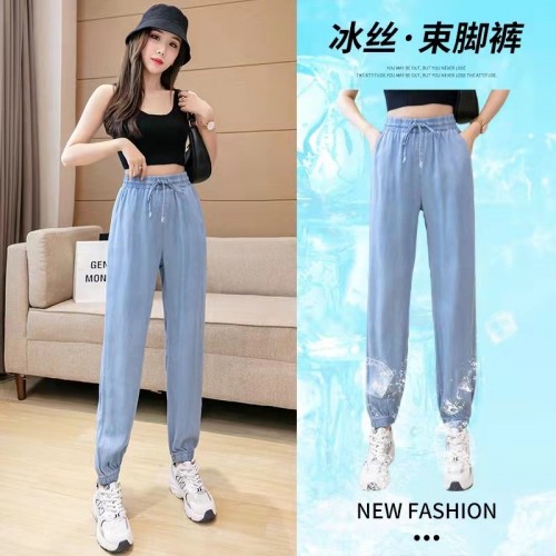 2023夏季薄款蓝色天丝牛仔裤女系带宽松显瘦束脚九分裤哈伦休闲裤图2