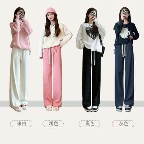 欧棉绒针织直筒裤女春秋冬新款高腰宽松抽绳运动休闲阔腿拖地裤女图3