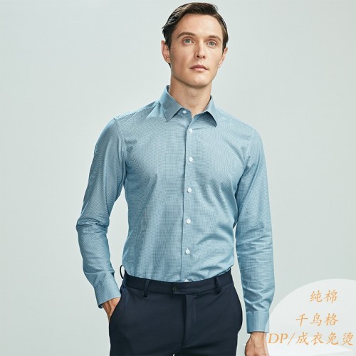 纯棉男士长袖简约格子衬衫批发墨绿色千鸟格免烫男式衬衣批发定制图2