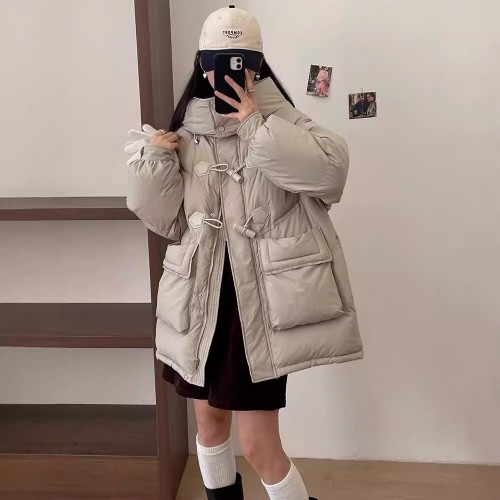 复古牛角扣羽绒服女中长韩版宽松百搭收腰加厚保暖连帽2024外套冬图3
