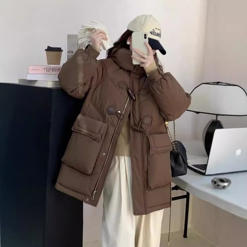 复古牛角扣羽绒服女中长韩版宽松百搭收腰加厚保暖连帽2024外套冬图2