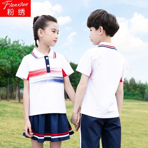 粉绣夏季新款中小学生儿童运动服校服幼儿园园服拼色班服表演套装图1