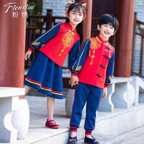 春秋季新款儿童唐装汉服男女童中国风印花幼儿园园服校服表演班服图1