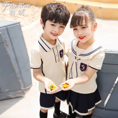 粉绣新款幼儿园园服夏季款套装学院风中小学生英伦风校服班服图1