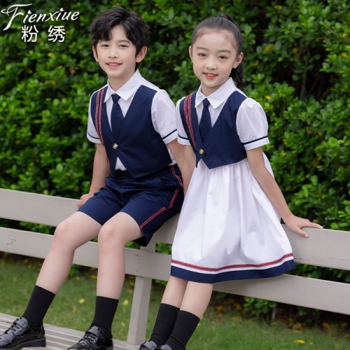 粉绣夏季幼儿园园服夏装英伦学院风校服套装小学生班服毕业照服装图2