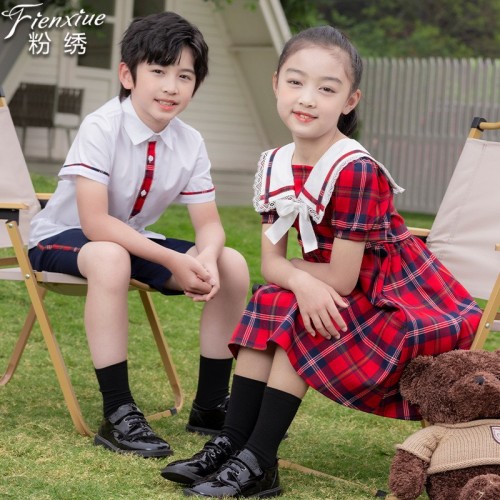 粉绣夏季幼儿园园服夏装格子学院风校服套装小学生班服毕业照服装图2