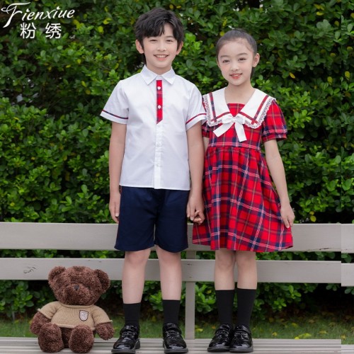 粉绣夏季幼儿园园服夏装格子学院风校服套装小学生班服毕业照服装图1