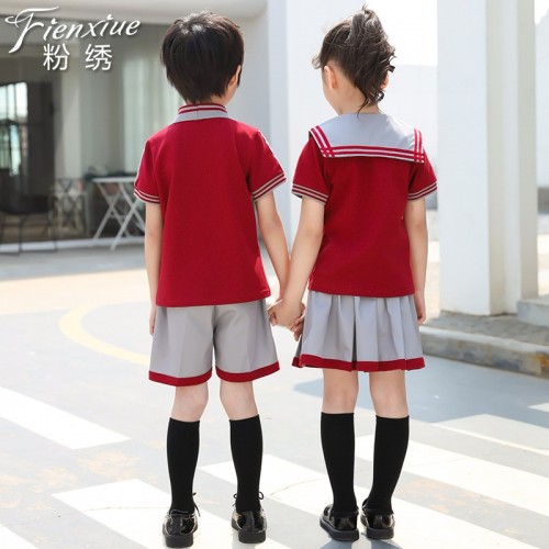 粉绣新款幼儿园园服夏季款套装学院风中小学生英伦风校服表演班服图2
