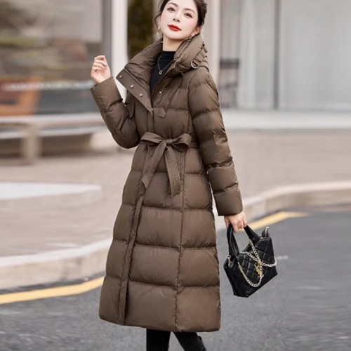 气质女神范收腰中长款羽绒服女2024冬新款时尚连帽保暖白鸭绒外套图1