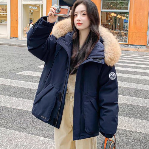 兰潘可羽绒服女毛领派克服工装2024冬季短款小个子加厚外套韩藏青图2