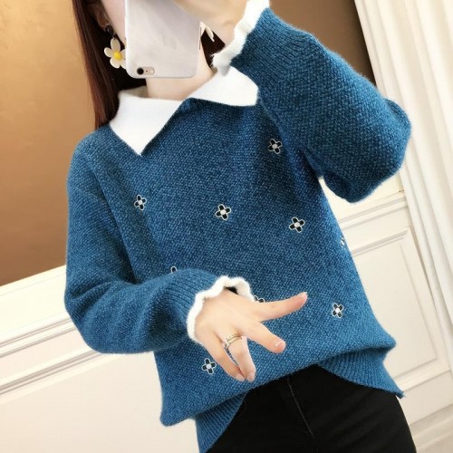 学院风毛衣2024秋冬新款初中高中学生森系翻领打底衫内搭宽松上衣图1