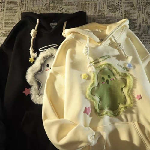 美式复古可爱幽灵星星植绒刺绣连帽卫衣女秋冬加绒慵懒风情侣外套图2