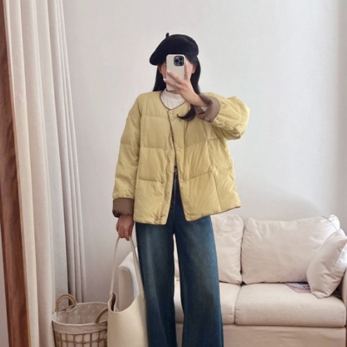 简约短款羽绒服女2024秋冬新款韩系宽松减龄圆领单排扣拼色小个子图3