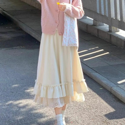 温柔杏色半身裙女2024春秋冬新款a字裙蕾丝蛋糕裙小个子长裙裙子图2