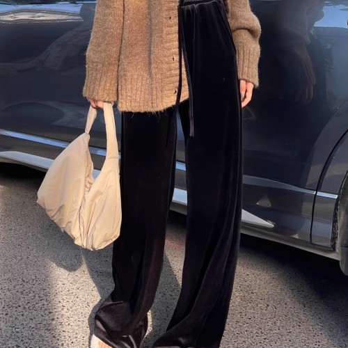 金丝绒阔腿裤女垂感秋冬季加绒加厚慵懒宽松显瘦休闲直筒拖地裤子图2