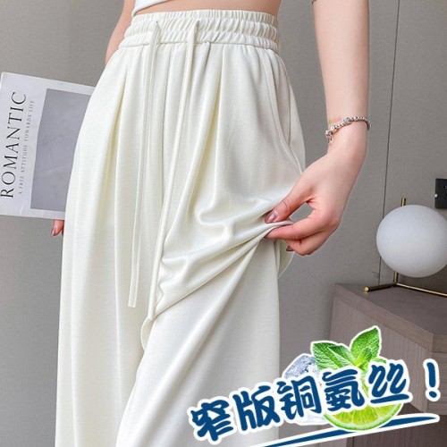 砂洗240克铜氨丝窄版阔腿裤女夏季薄款冰丝慵懒风高腰垂感休闲裤图2