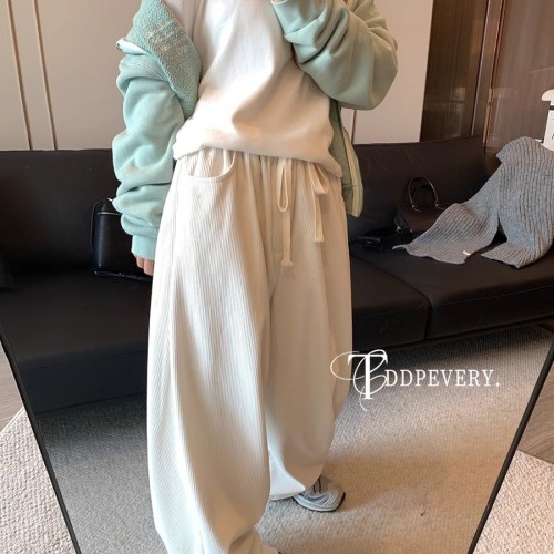 藏青色灯芯绒裤子女秋冬加绒雪尼尔阔腿裤大码垂感高腰宽松休闲裤图2