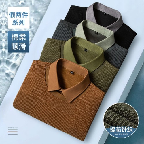 高档提花工艺秋季针织衫男款休闲轻奢时尚毛衣男装长袖假两件衬衫图1