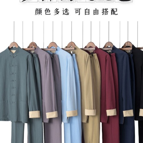 新款唐装男青年长袖套装中老年亚麻外套三件套中式中国风汉服休闲图2