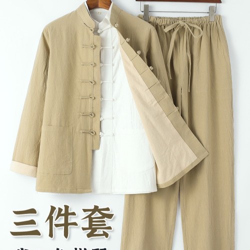 新款唐装男青年长袖套装中老年亚麻外套三件套中式中国风汉服休闲图3