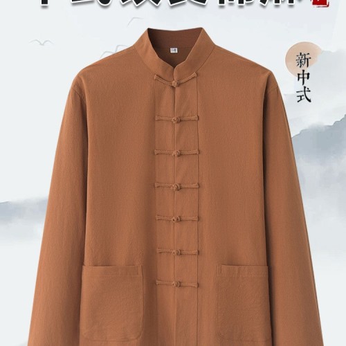 春秋款唐装男中国风秋季棉麻上衣中式服装复古衬衫立领盘扣打底衫图3