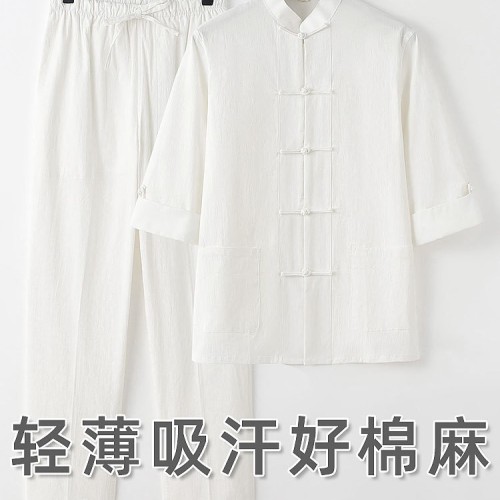 唐装男中国风中式服装弹力棉麻套装国潮七分袖雅痞复古风夏季薄款图3