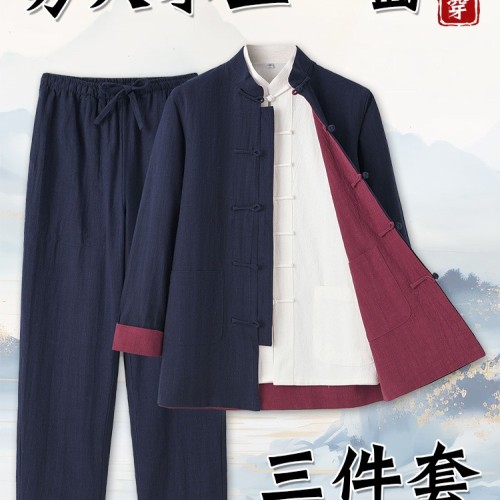 中老年唐装男双面穿亚麻三件套中式盘扣复古风两面穿一整套居士服