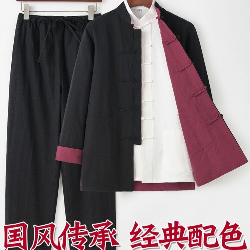 中老年唐装男双面穿亚麻三件套中式盘扣复古风两面穿一整套居士服图3