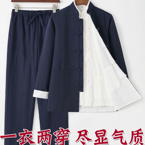中老年唐装男双面穿亚麻三件套中式盘扣复古风两面穿一整套居士服图2